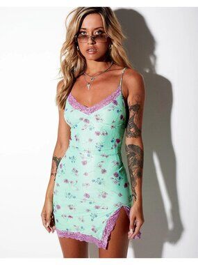Motel Rocks Floral Lace Trim Mesh Mini Dress Mint Green XS